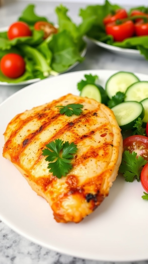 Juicy air fryer chicken breast garnished with parsley on a plate with a fresh salad.